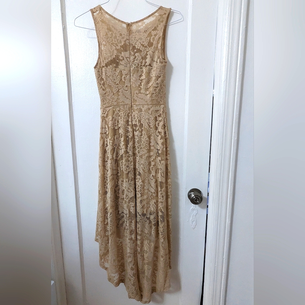 Champagne High Low Illusion Sweetheart Neckline Lace Dress - Picture 3 of 11